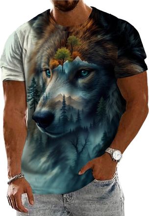 Generic Mens Funny Graphic Tees Animal Tree Print T-Shirt Crew Neck Short Sleeve Shirt Lightweight Fashion Clothes Mountain Wolf XL