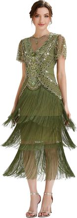 Ever-pretty Womens 1920s Flapper Cocktail Dress Beaded Fringe Midi Dress for Evening Party Vintage Events Olive Green 18UK