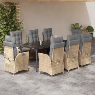 vidaXL Set Comedor De Jard&iacute;n 9 Pzas Con Cojines Rat&aacute;n Sint&eacute;tico Beige Vidaxl