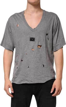 Dolce & Gabbana Gray Cotton Tattered Logo Patch Men T-Shirt