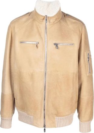 Brunello Cucinelli Mens Beige Shearling Collar Zip Front Jacket, Size L