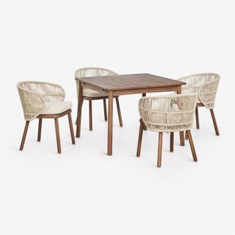 Sklum Set De Mesa 100-160x100 Cm Extensible Karvia Y 4 Sillas De Comedor En Madera De Acacia Y Cuerda Trenzada Capri Sklum