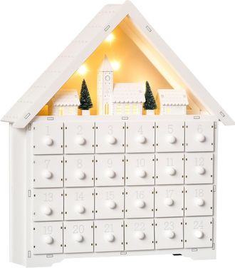 OEM Calendario De Adviento De Navidad Madera Con 24 Cajones Y Luces Led Decoraci&oacute;n Navide&ntilde;a Modelo Casita 39x9x42 Cm Blanco