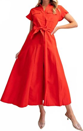 Glam Collar V-Neck Button Down Midi Dress In Red