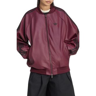 adidas Originals SST Faux Leather Track Jacket in Maroon/Black/Football Gold at Nordstrom, Size Xx-Small