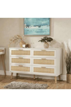Home Source Industries Chest of 6 Drawers Rattan Fronts & Solid Wooden Legs 120cm Wide in White