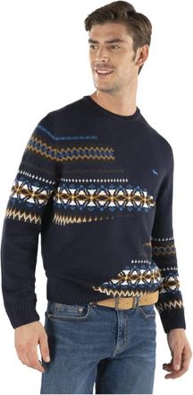 Harmont & Blaine Blauw Multicolor Gevlochten Crewneck Trui - Heren - Sweatshirts - Veelkleurig - S - Katoen - Hoodies & sweatvesten