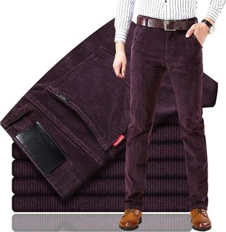 Generic Mens Classic-Fit Corduroy Pant, Fall Winter Casual Pleated Pants,Stylish & Comfortable Hidden Extra, Straight Trousers (Purple,34)