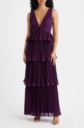 Lulus Tiered Gown Pleated in Eggplant at Nordstrom, Size X-Large