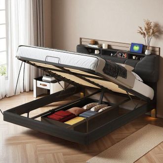 OEM Cama Lit - 160x200 - Pu Negro - Somier De Lamas - Led Regulable