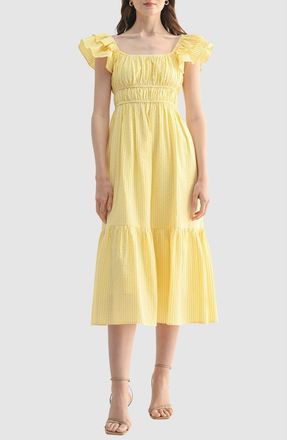 Lush Cinched Waist Tiered Cotton Midi Dress in Yellow Stripe at Nordstrom Rack, Size Medium