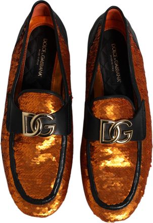 Dolce & Gabbana Orange Sequin Embellished Men Loafers Shoes Polyethylene