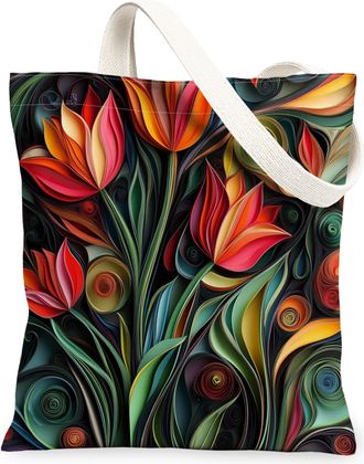 Generic Spring Quilting Paper Tulip Flower Canvas Tote Bag for Shopping 13x15, Floral Wildflower Reusable Grocery Print Pattern Bag for Women, Garden Beach Ae