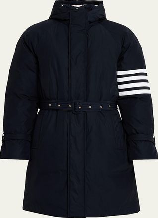 Thom Browne Mens Poly Twill 4-Bar Hooded Down Parka with Belt
