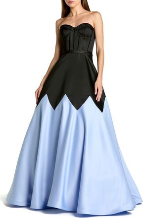 Mac Duggal Corset Strapless Sweetheart Colorblock Satin Ball Gown in Black Blue at Nordstrom, Size 12