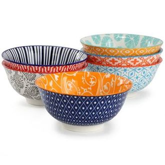 Elama Roxey 6 Piece Assorted Design 20oz Porcelain Footed Bowl Set color in Multi at Nordstrom