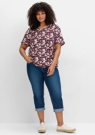 Sheego Longbluse SHEEGO, Damen, Gr. 40, blau (tiefblau, gemustert), 100% Viskose, gebl&uuml;mt, gemustert, V-Ausschnitt, Blusen Longbluse