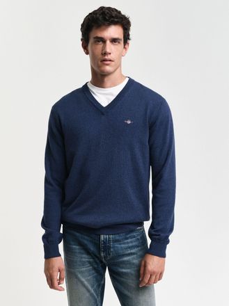 GANT V-Ausschnitt-Pullover GANT COTTON/WOOL, Herren, Gr. 4XL, blau (schwarz jeansblau melange), Strick, Obermaterial: 70% Baumwolle, 30% Wolle, normal norm