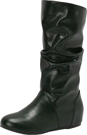 Generic Womens Fashion Mid Calf Booties Round Toe High Height Increasing Heel Slip On With Pleated Shaft Design