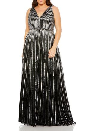 Mac Duggal Sequined Striped Sleeveless V Neck A Line Gown in Black Silver at Nordstrom, Size 14W