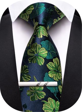 Barry.Wang Floral Ties for Men Necktie and Tie Clip Wedding Business Flower Solid Color Formal, Deep Blue, One Size