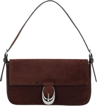 Staud Sleek Rectangular Brown Suede Shoulder Bag with Silver-Tone Buckle