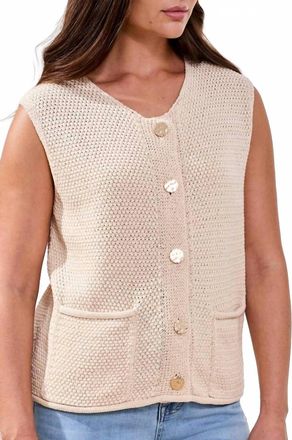 Tribal Sweater Vest With Pockets & Fancy Buttons In Cococream
