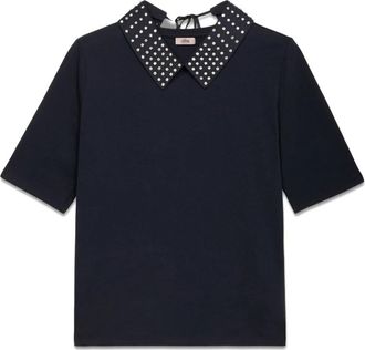 Oltre T-shirt met korte mouwen en juweelhalslijn - Dames - Polos - Blauw - S - Katoen - Tops