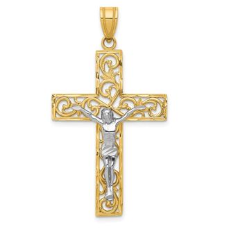 Diamond2Deal 10K Two-tone Diamond-Cut Large Block Filigree Cross Crucifix Pendant