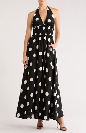 By Design Nina Patterned Halter Maxi Dress in Black Ivory Dot at Nordstrom Rack, Size X-Large