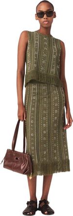 Maje Knit skirt with rhinestone flowers in Khaki at Nordstrom, Size 36 Eu