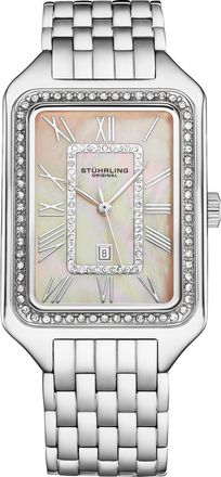 St&uuml;hrling Womens Lustra 4061 Rectangle Quartz Fashion Watch with Crystals 32mm - Silver Stainless Steel - One Size