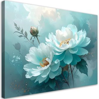 Feeby Cuadro Sobre Lienzo Peonias Turquesas En Una Composici&oacute;n Decorativa En Tonos Pastel 100x70