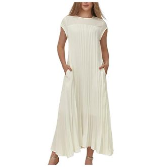 Generic Womens Maxi Dresses Summer Dress Casual Pleated Cap Sleeve Solid Color Sundress Plus Size Ladies Vintage Long Dresses Chiffon Dress for Beach Outdoor 