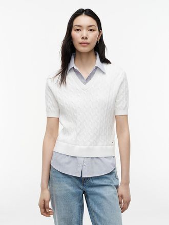 Tommy Hilfiger Womens Layered-Look Cable Knit Sweater - Ecru - M