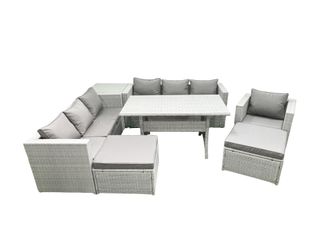 Fimous 8 Pieces Outdoor Rattan Sofa Set with Cushions Patio Garden Furniture Sets with Armchair Dining Table Side Table 2 Big Footstools in Light Grey