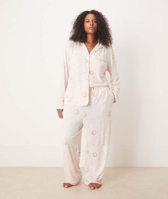 Chelsea Peers Curve - Pigiama con stampa celestiale tono su tono in poliestere con top a maniche lunghe con rever-Neutro