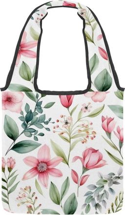 Generic Pink Flowers with Leaves Reversible Canvas Shoulder Tote - Double-Sided Print, 12oz Cotton, 27cm Drop, Fold-Flat Bag for Travel, Shopping, Street Outi