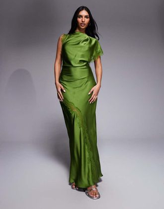 Forever New Vestito lungo in raso e pizzo con spalle asimmetriche verde