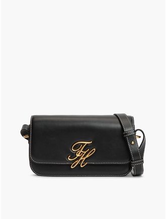 Tommy Hilfiger Womens Script Monogram Leather Crossbody Bag - Black