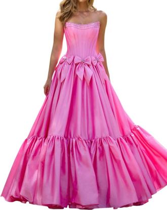 Sherri Hill Strapless Taffeta Ballgown With Beaded Corset And Cascading Ruffles In Pink