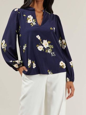 Sugarlips Arlene Floral Split Neck Blouse In Navy/pink