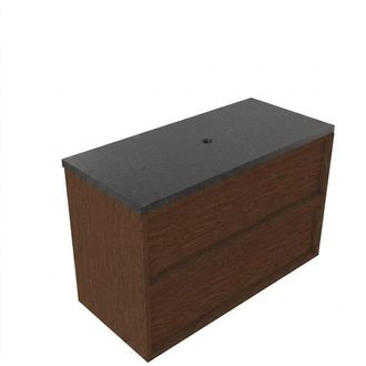 Saniclass Holz Frame Badkamermeubelset - 100x45x63cm - Noche basalten wastafelblad gepolijst (zwart) - zonder kraangat - 2 lades - mat walnut pure (hout)