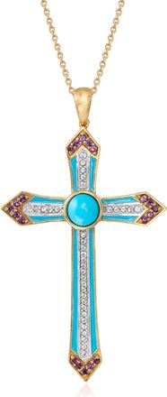Ross-Simons Turquoise, Amethyst and. White Topaz Cross Pendant Necklace With Enamel in 18kt Gold Over Sterling