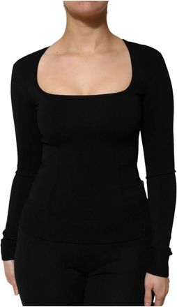 Dolce & Gabbana Top met vierkante hals en ribgebreide structuur - Dames - Ronde hals truien - Zwart - 2XS - Leer - Truien & Vesten
