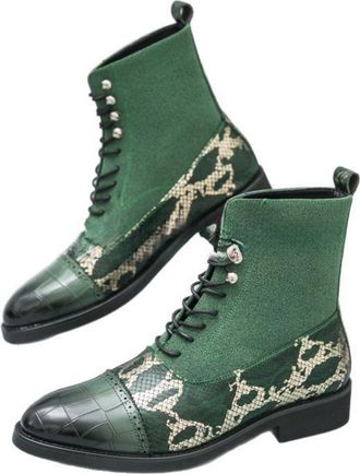 Generic Mens Low Block Heel Short Boots Lace Up Casual Boots Pointed Toe PU Leather Office Dress Shoes,Green,5.5 UK