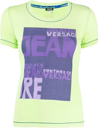 Versace 2000s logo-print round-neck T-shirt - women - Cotton/Elastane - S - Green