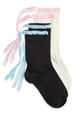 High Heel Jungle Lara Satin Ribbon Trim Cotton Blend Crew Socks in Blue Pink at Nordstrom