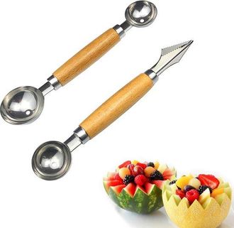 OEM Cuchara Para Sand&iacute;a, Cuchara Para Sand&iacute;a De Acero Inoxidable Con Doble Cabezal Y Mango De Madera, Cortador De Fruta