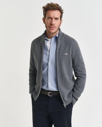 GANT Men Micro Textured Zip Sweater (4XL) DARK GREY MELANGE